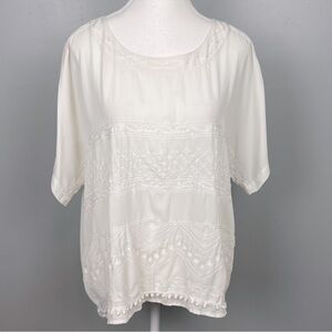 Chico’s ivory semi-sheer embroidered detail blouse top, size 2 = large/12.